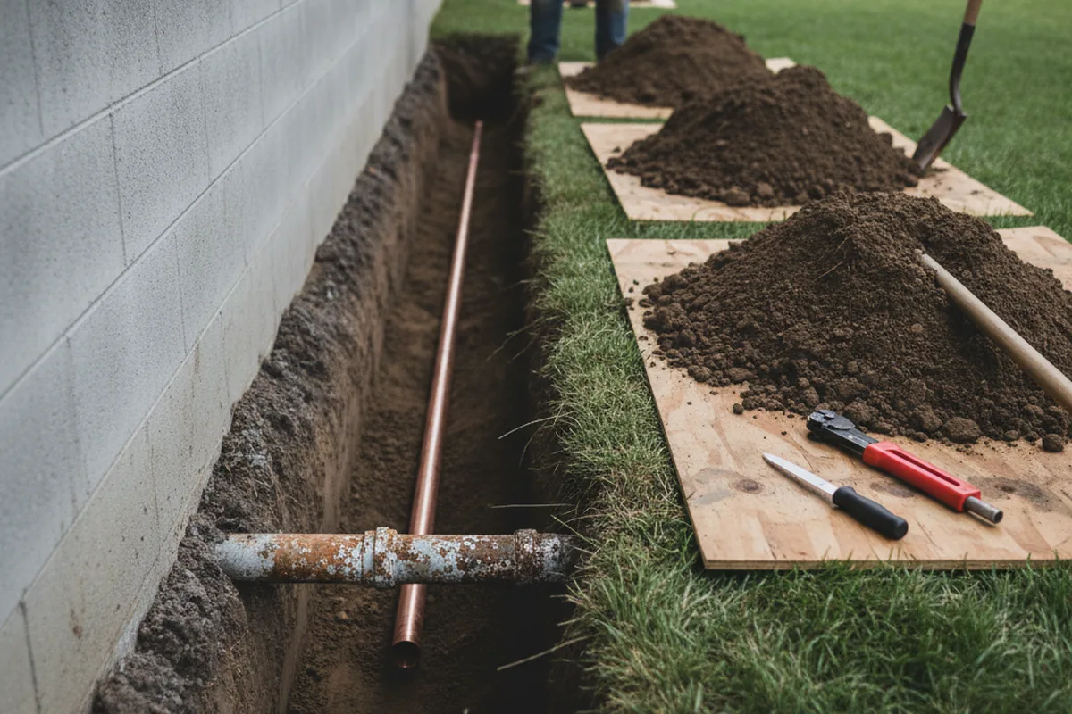 Excavated water line trench during Water Softener Installation in Thayer